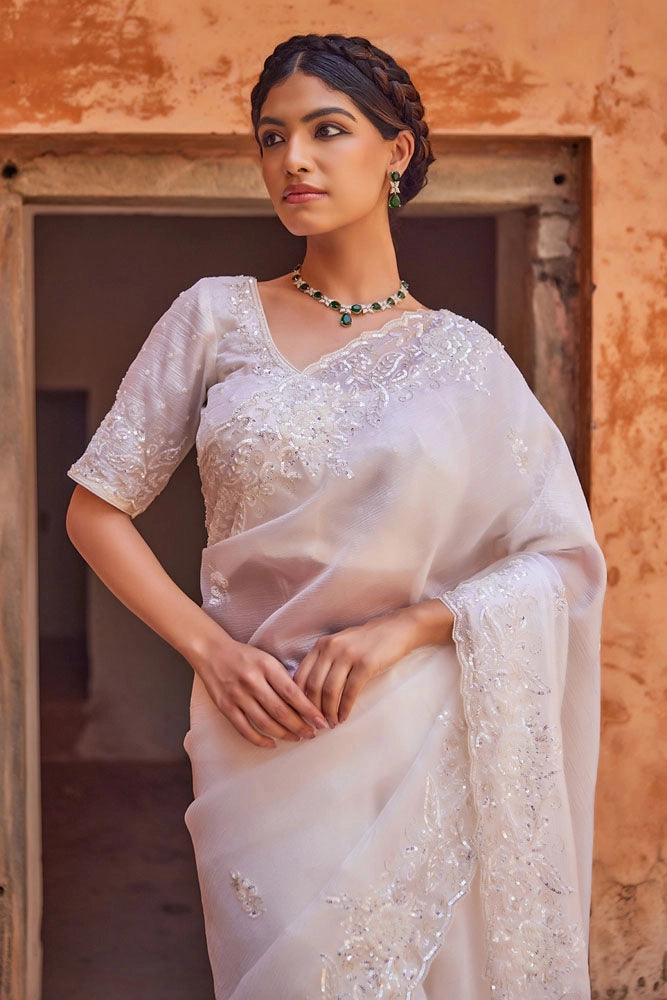 Delicate White Hand Embroidered Pure Tissue Saree
