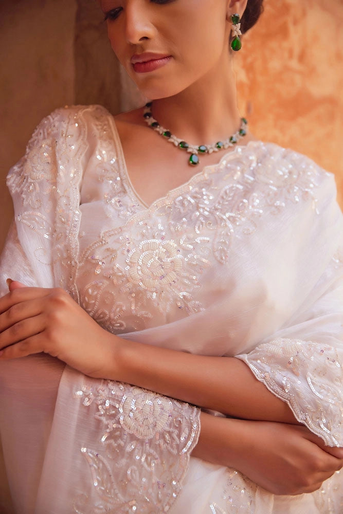 Delicate White Hand Embroidered Pure Tissue Saree