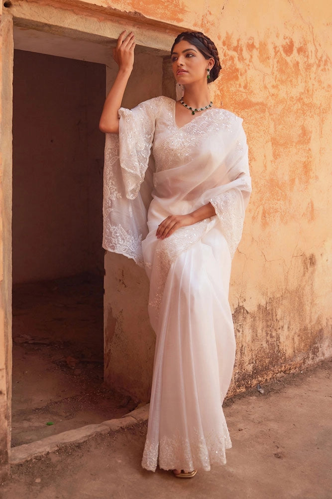 Delicate White Hand Embroidered Pure Tissue Saree
