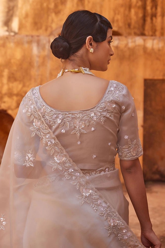 Sheer Dusty Silver Hand Embroidered Pure Tissue Saree