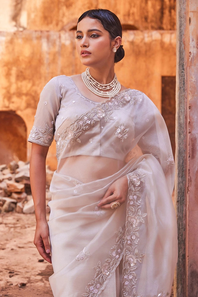 Sheer Dusty Silver Hand Embroidered Pure Tissue Saree