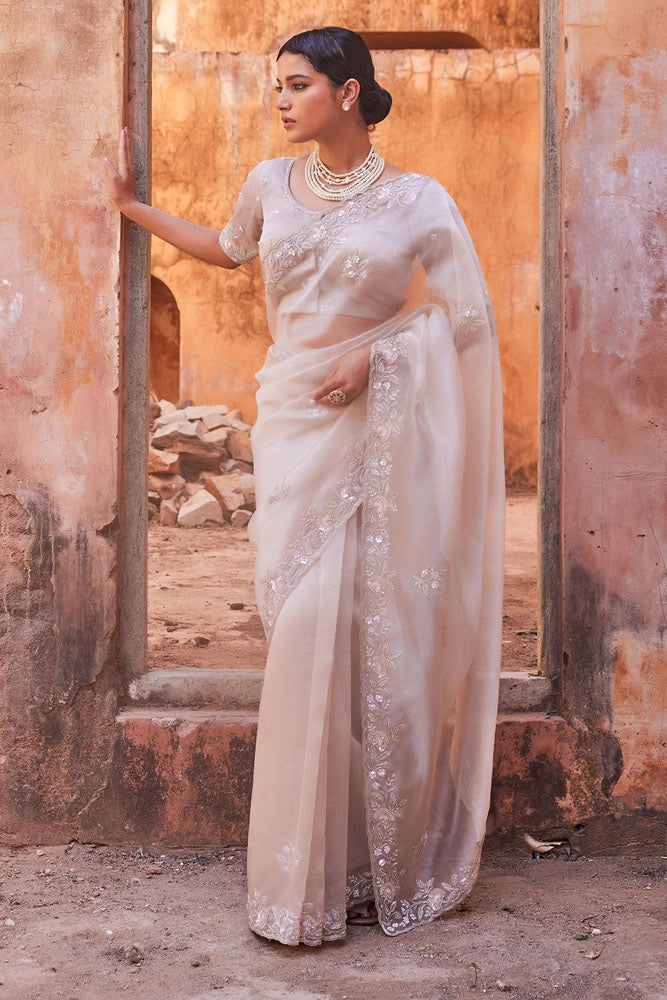 Sheer Dusty Silver Hand Embroidered Pure Tissue Saree