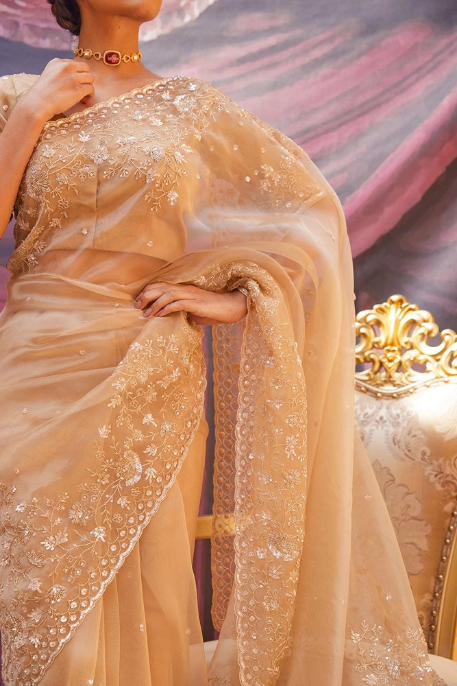 Champagne Gold Pure Tissue Saree with Intricate Embroidery
