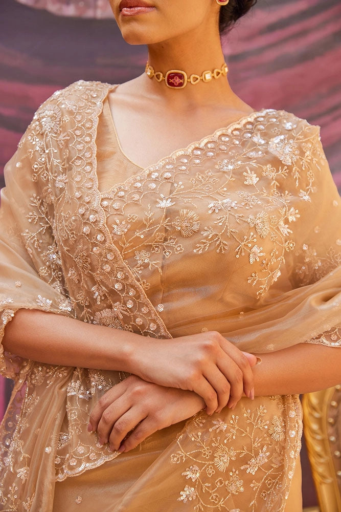 Champagne Gold Pure Tissue Saree with Intricate Embroidery