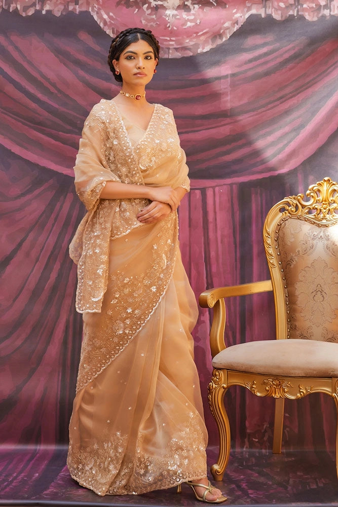 Champagne Gold Pure Tissue Saree with Intricate Embroidery