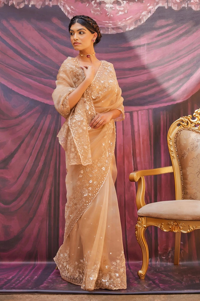 Champagne Gold Pure Tissue Saree with Intricate Embroidery