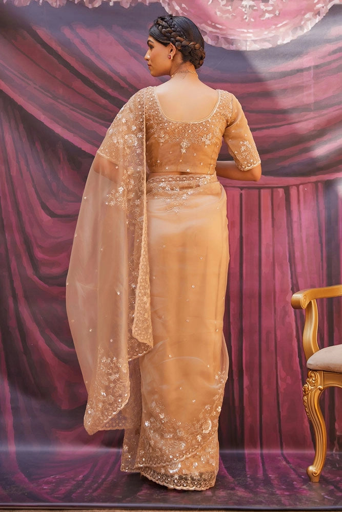 Champagne Gold Pure Tissue Saree with Intricate Embroidery
