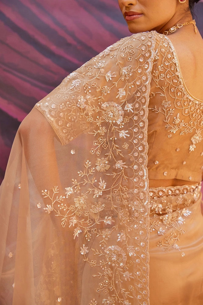 Champagne Gold Pure Tissue Saree with Intricate Embroidery