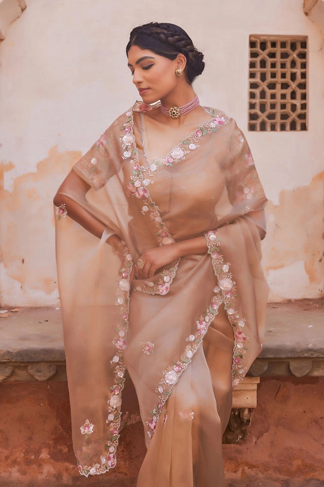 Antique Gold Pure Tissue Saree with Heavy Embroidered Blouse