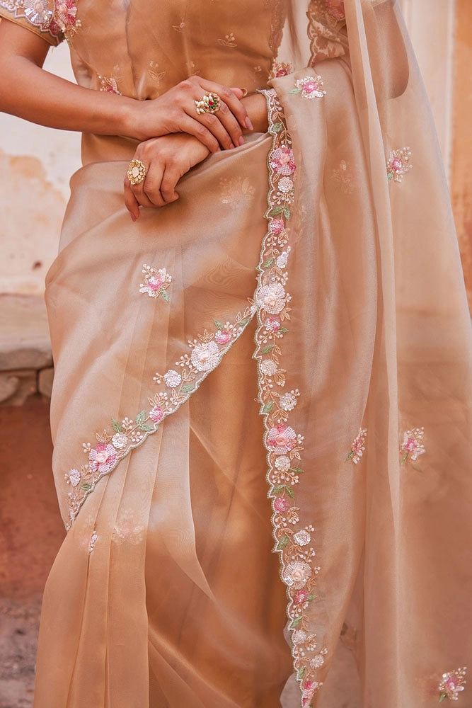 Antique Gold Pure Tissue Saree with Heavy Embroidered Blouse