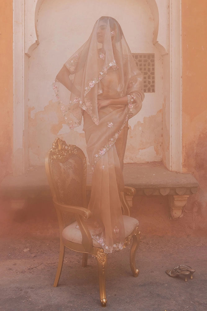 Antique Gold Pure Tissue Saree with Heavy Embroidered Blouse
