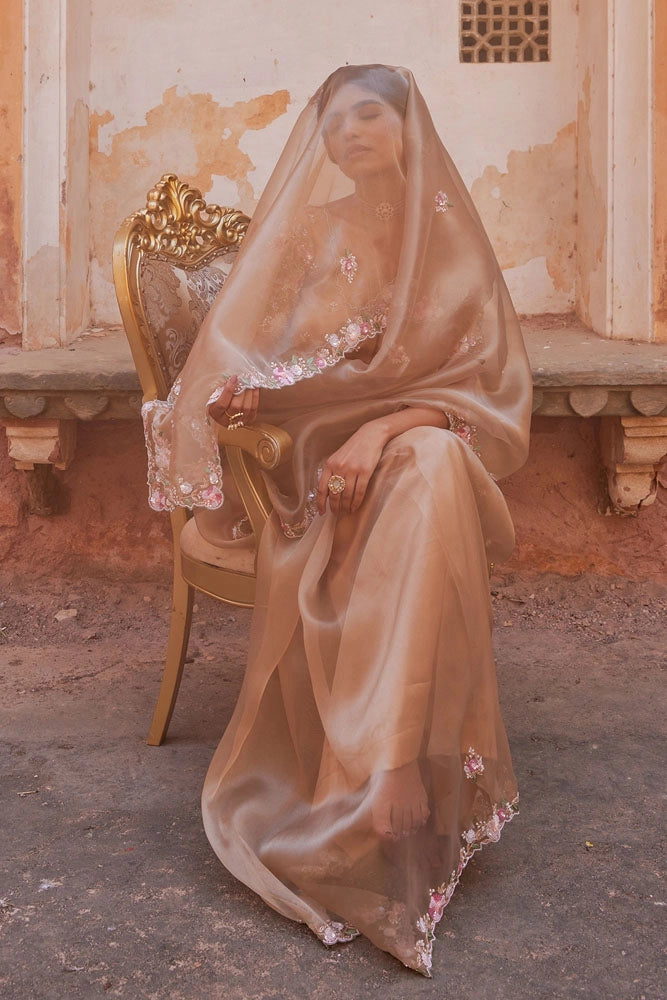 Antique Gold Pure Tissue Saree with Heavy Embroidered Blouse