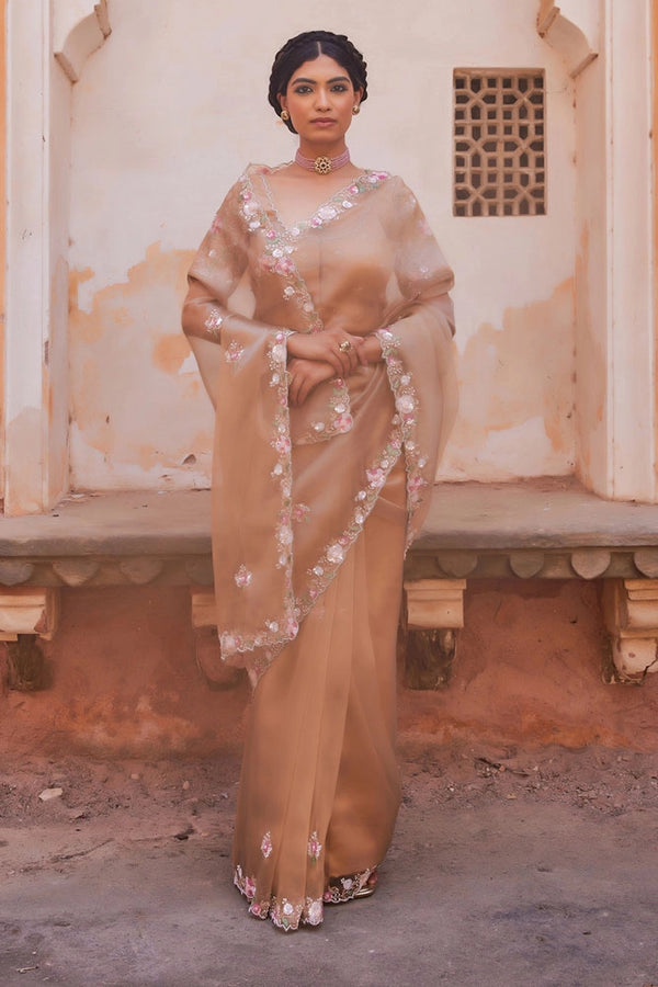 Antique Gold Pure Tissue Saree with Heavy Embroidered Blouse
