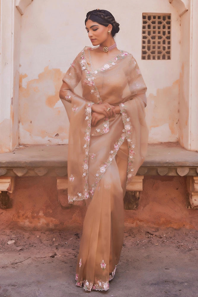 Antique Gold Pure Tissue Saree with Heavy Embroidered Blouse