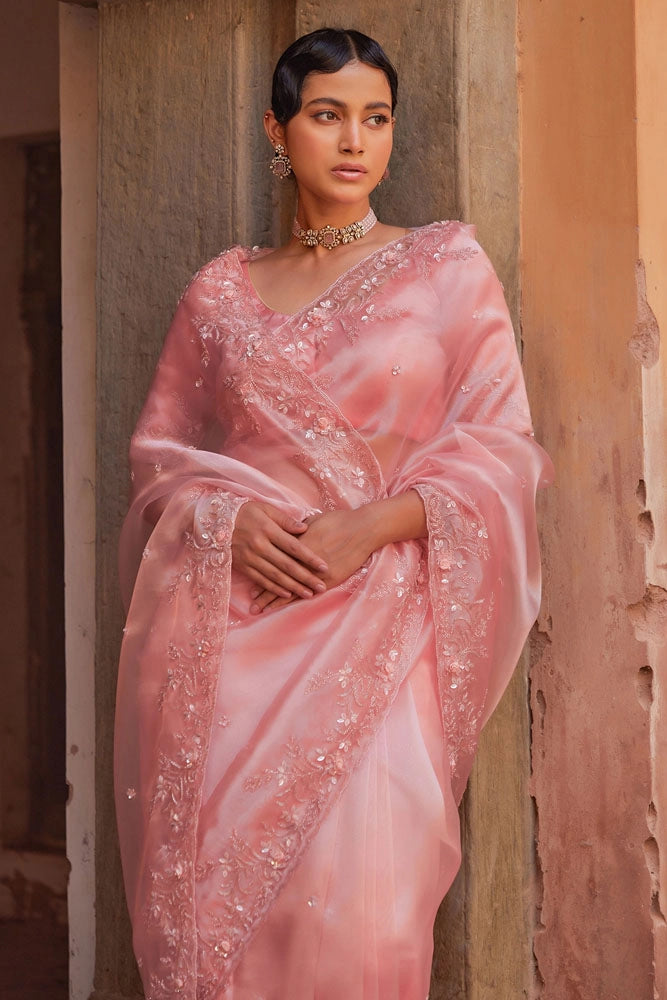 Peach Pure Tissue Saree with Intricate Embroidery