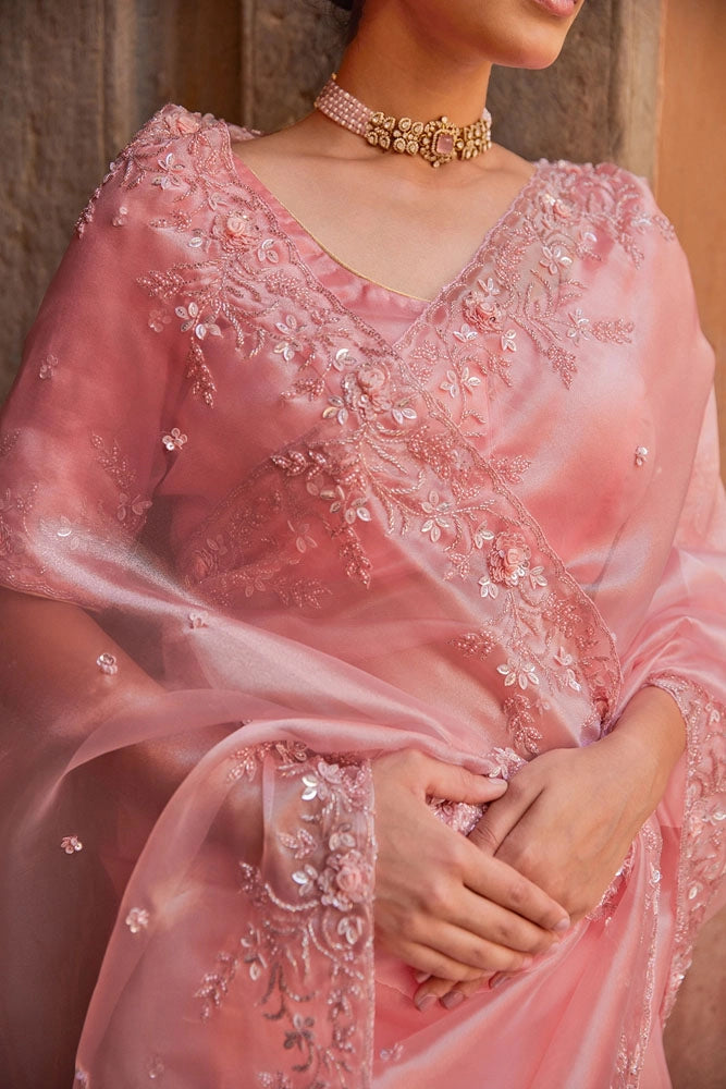 Peach Pure Tissue Saree with Intricate Embroidery
