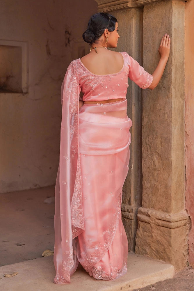 Peach Pure Tissue Saree with Intricate Embroidery