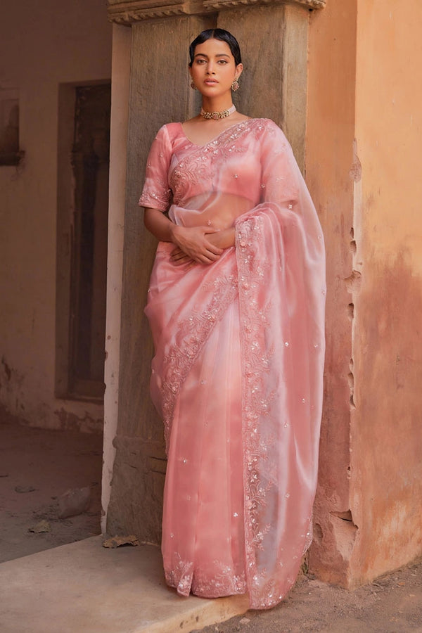 Peach Pure Tissue Saree with Intricate Embroidery