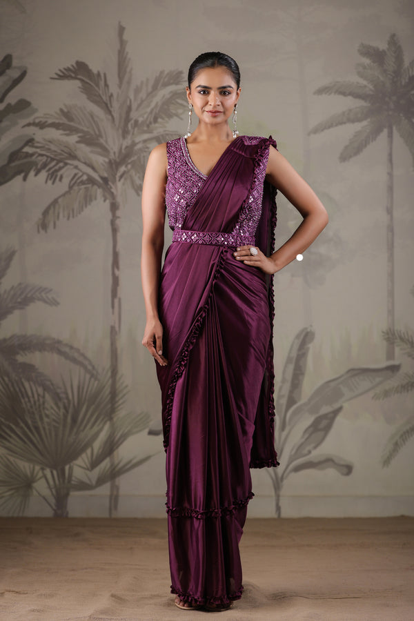 Purple Stitched Saree with Stitched Blouse