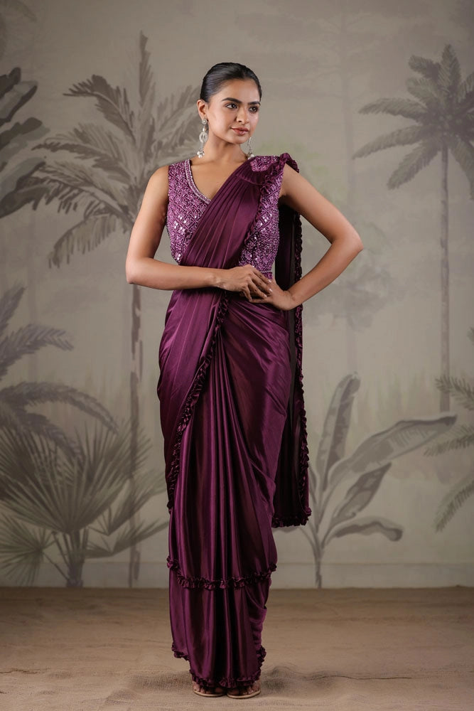 Purple Stitched Saree With Stitched Blouse
