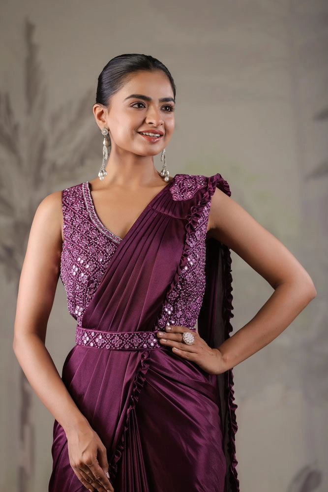 Purple Stitched Saree With Stitched Blouse
