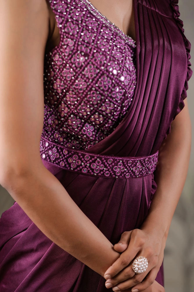 Purple Stitched Saree With Stitched Blouse