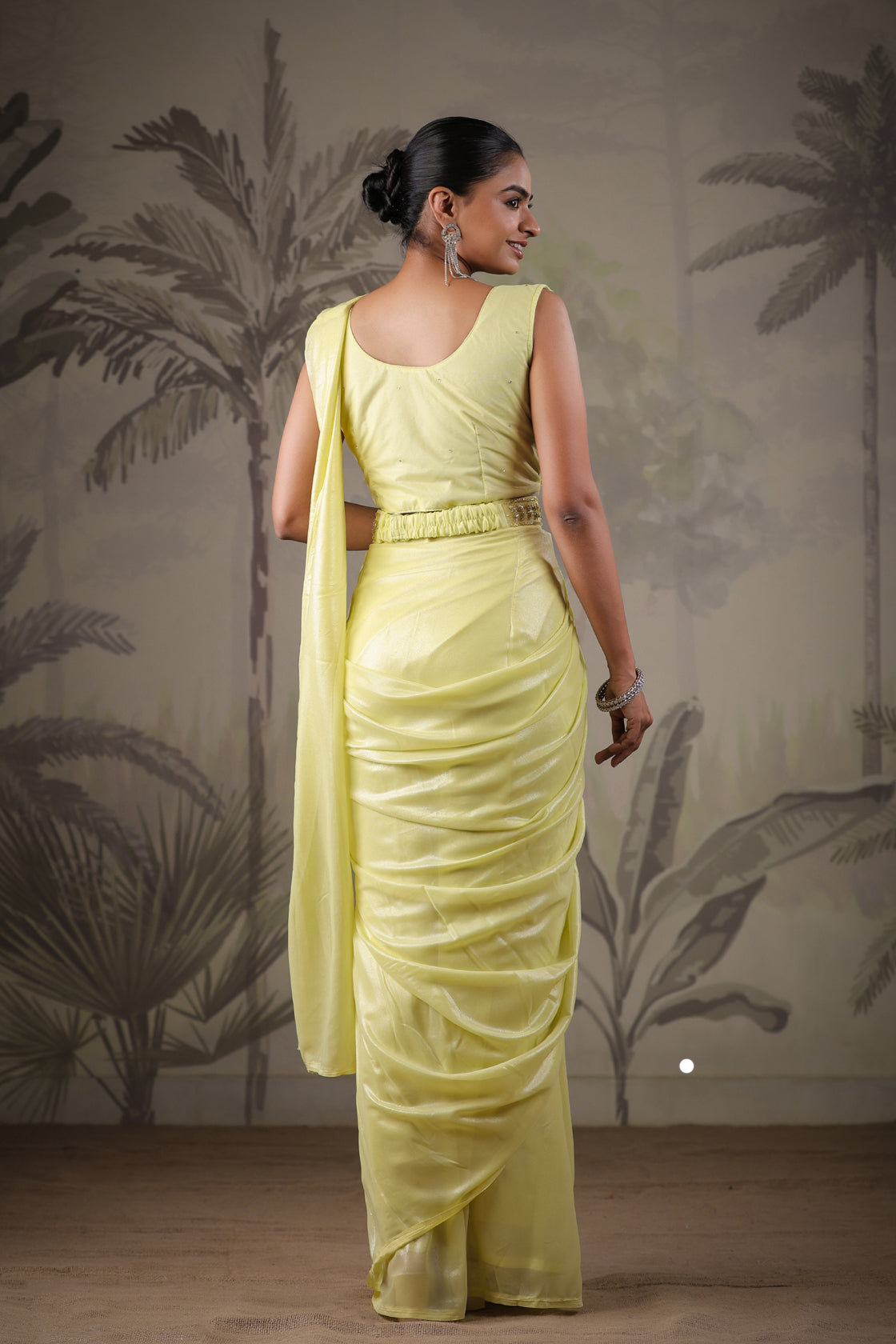Yellow Stitched Saree With Stitched Blouse
