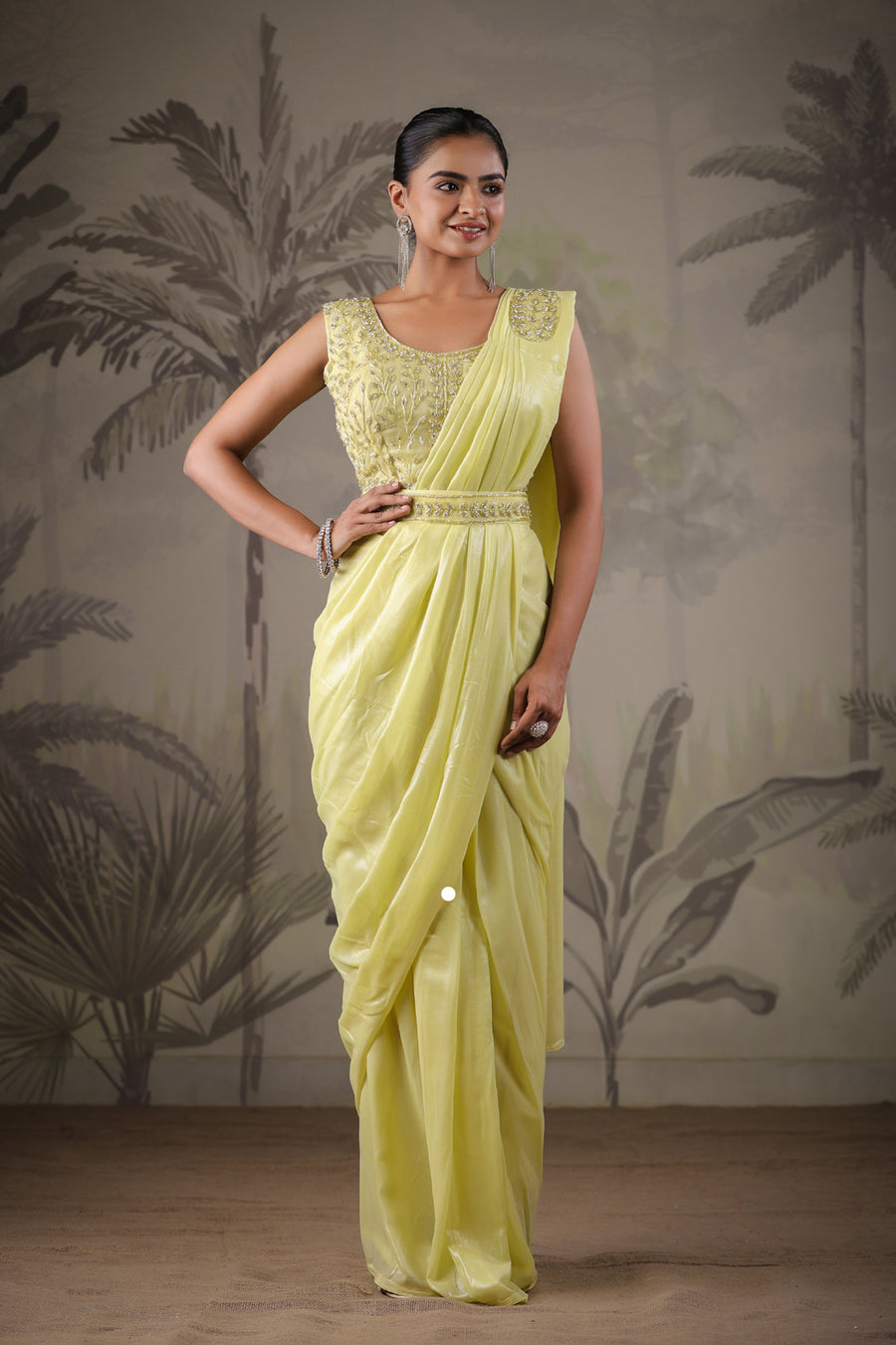Yellow Stitched Saree With Stitched Blouse