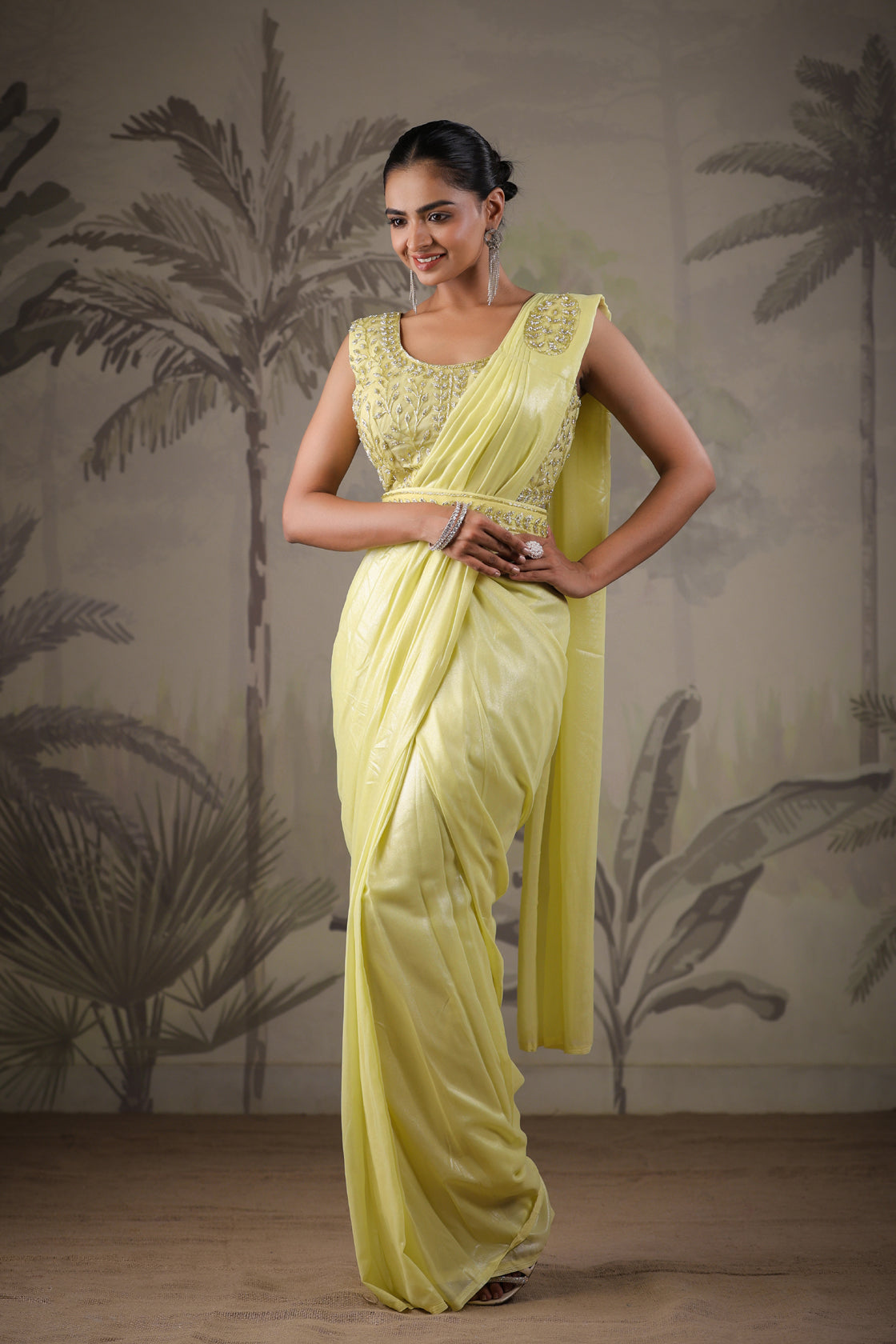 Yellow Stitched Saree With Stitched Blouse