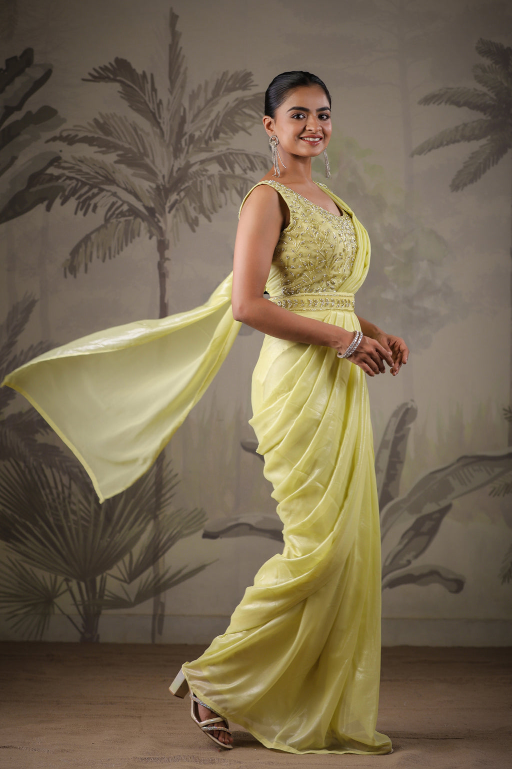 Yellow Stitched Saree With Stitched Blouse