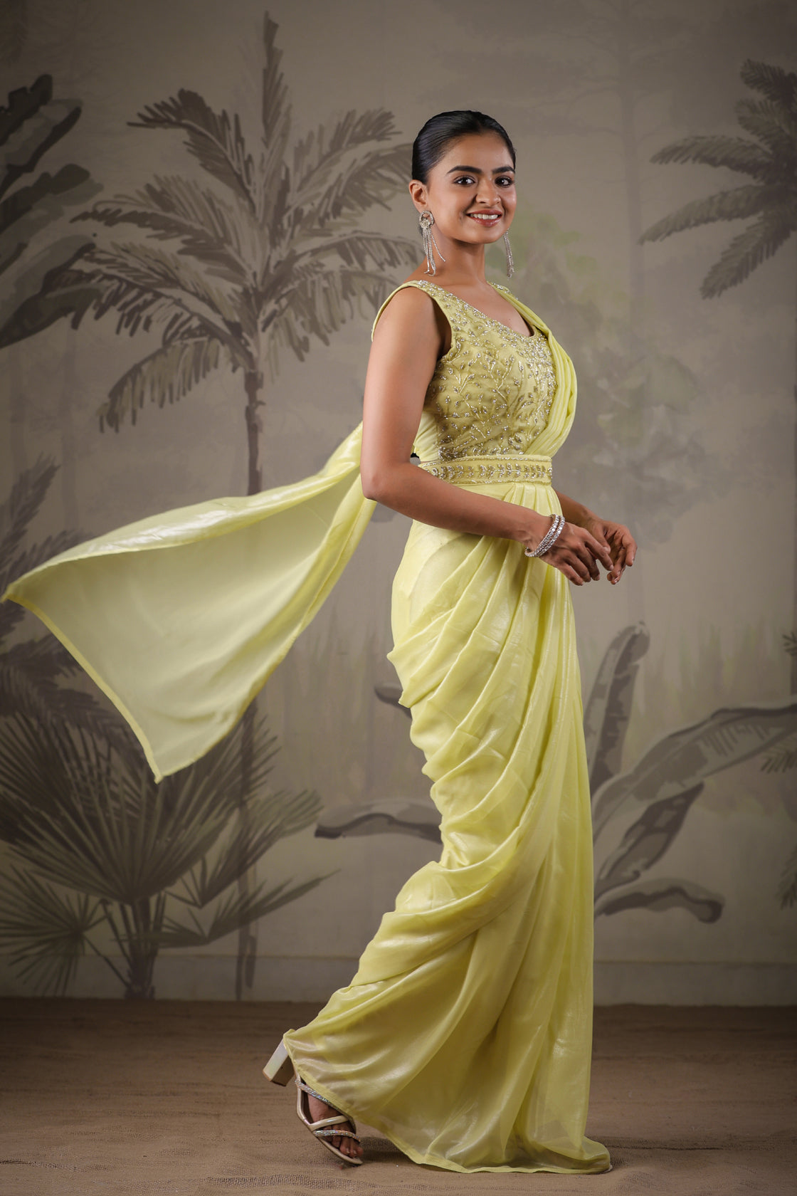 Yellow Stitched Saree With Stitched Blouse