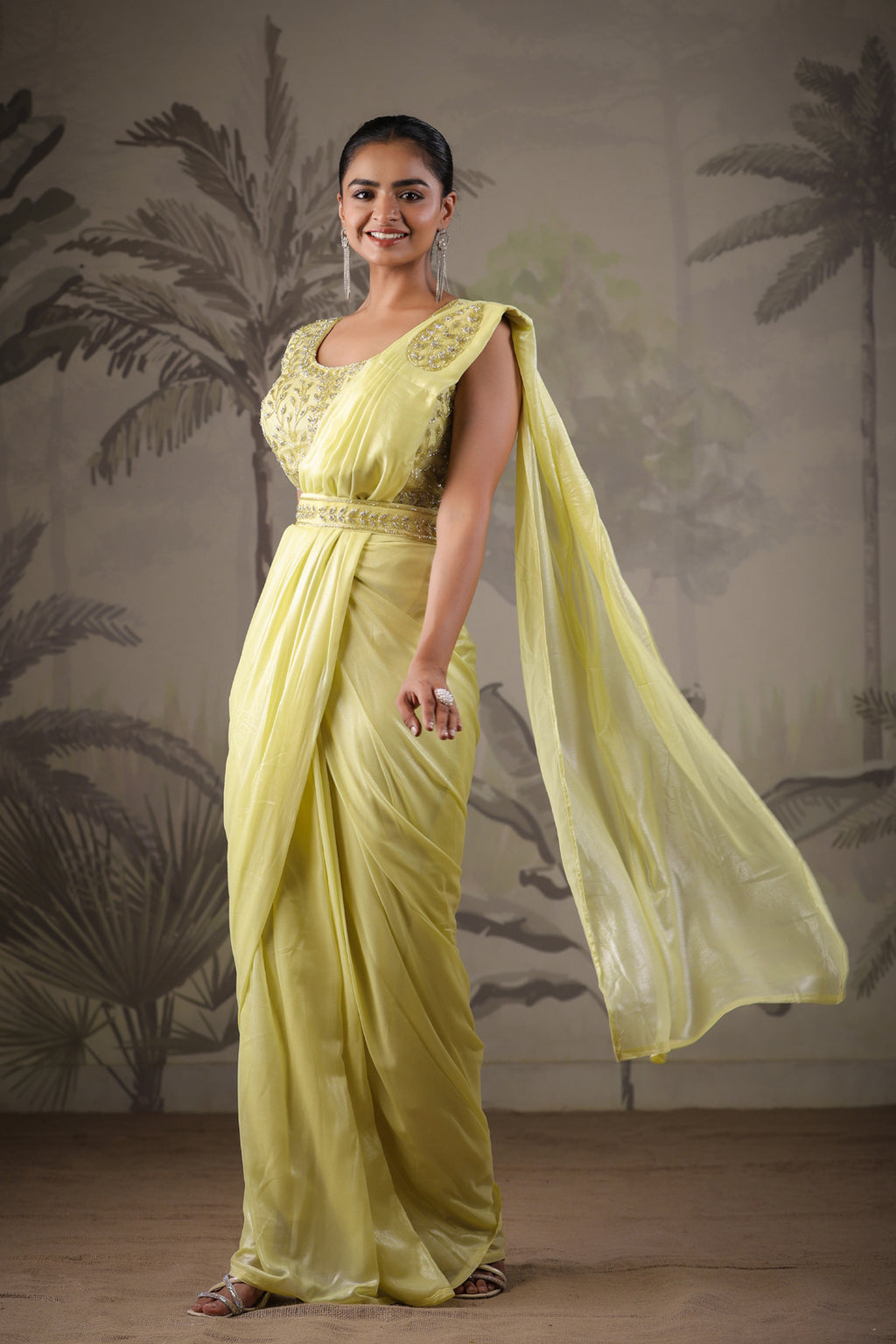 Yellow Stitched Saree With Stitched Blouse