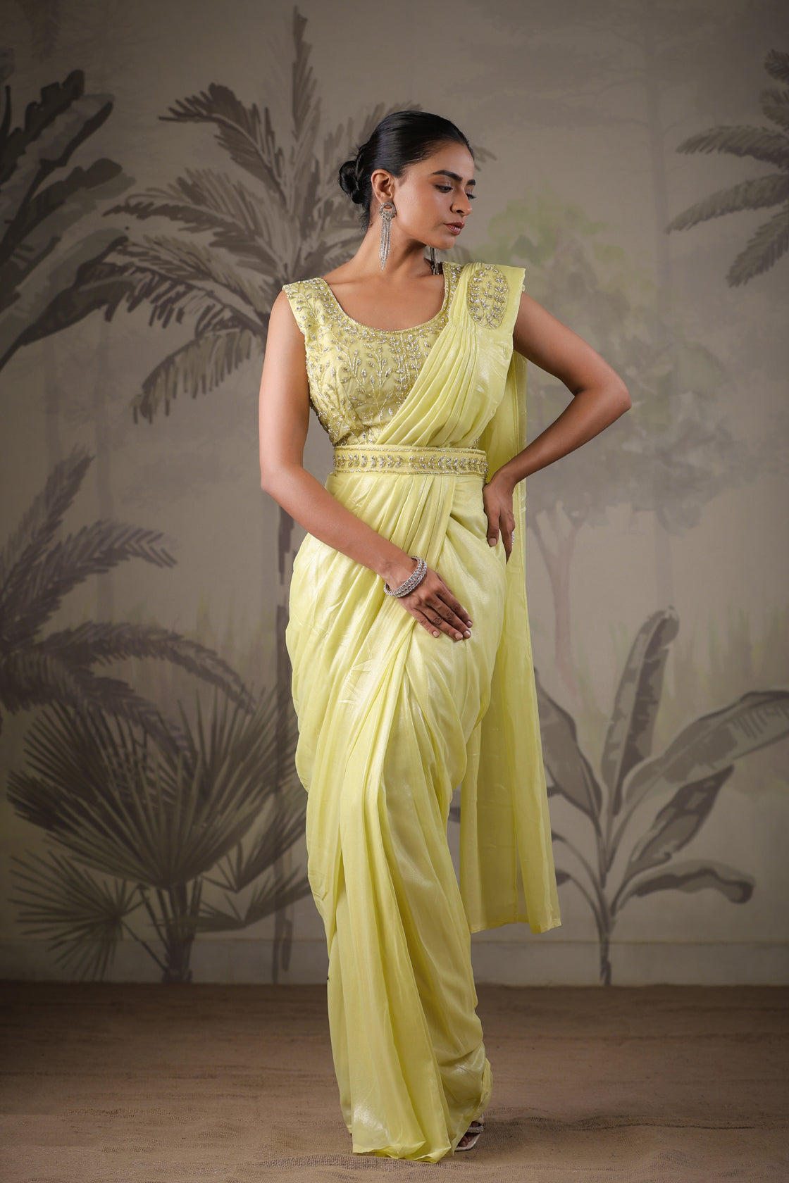 Yellow Stitched Saree With Stitched Blouse