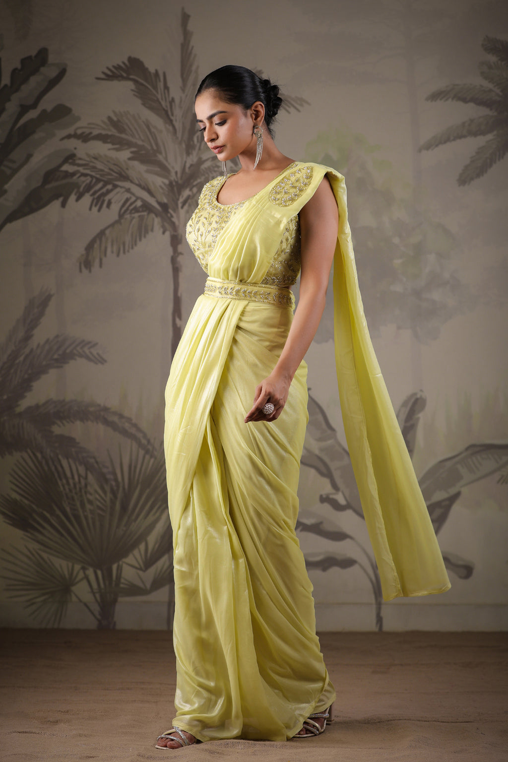 Yellow Stitched Saree With Stitched Blouse
