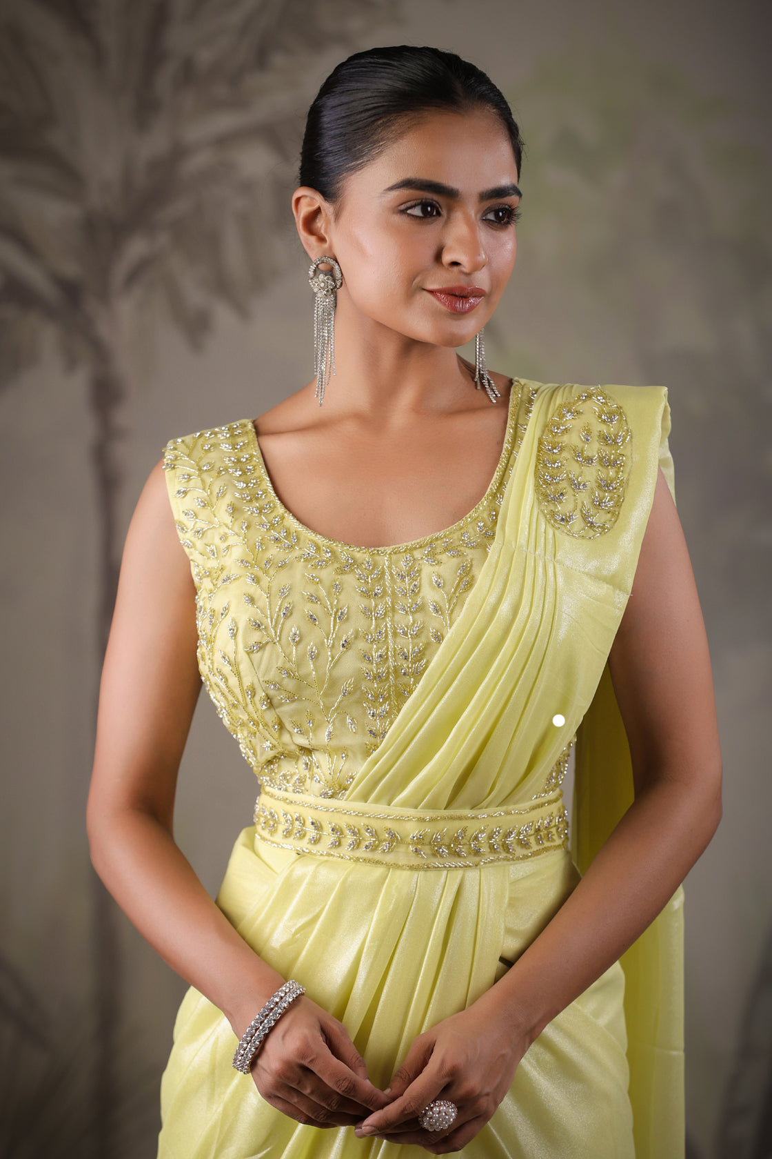 Yellow Stitched Saree With Stitched Blouse