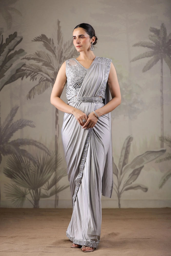 Grey Stitched Saree With Stitched Blouse