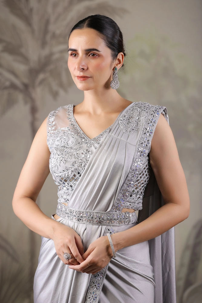 Grey Stitched Saree With Stitched Blouse