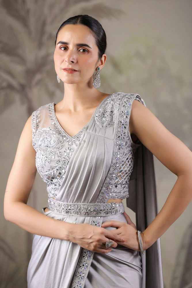Grey Stitched Saree With Stitched Blouse