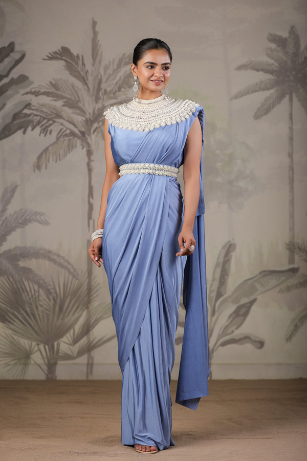 Blue Stitched Saree with Stitched Blouse