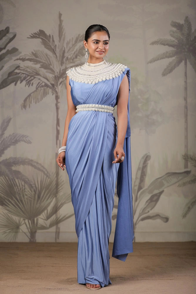 Blue Stitched Saree With Stitched Blouse