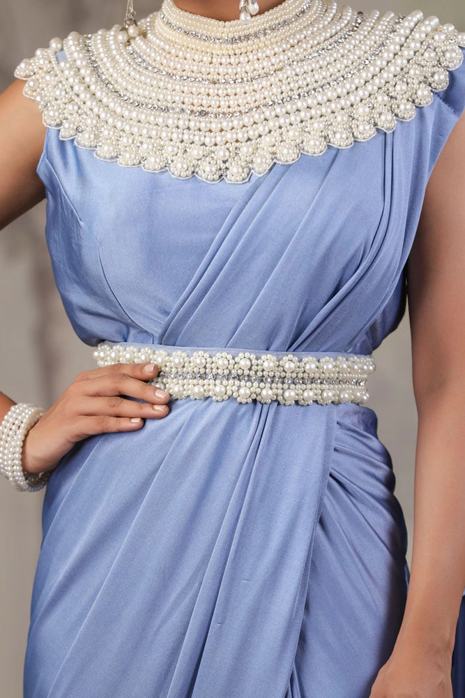 Blue Stitched Saree With Stitched Blouse