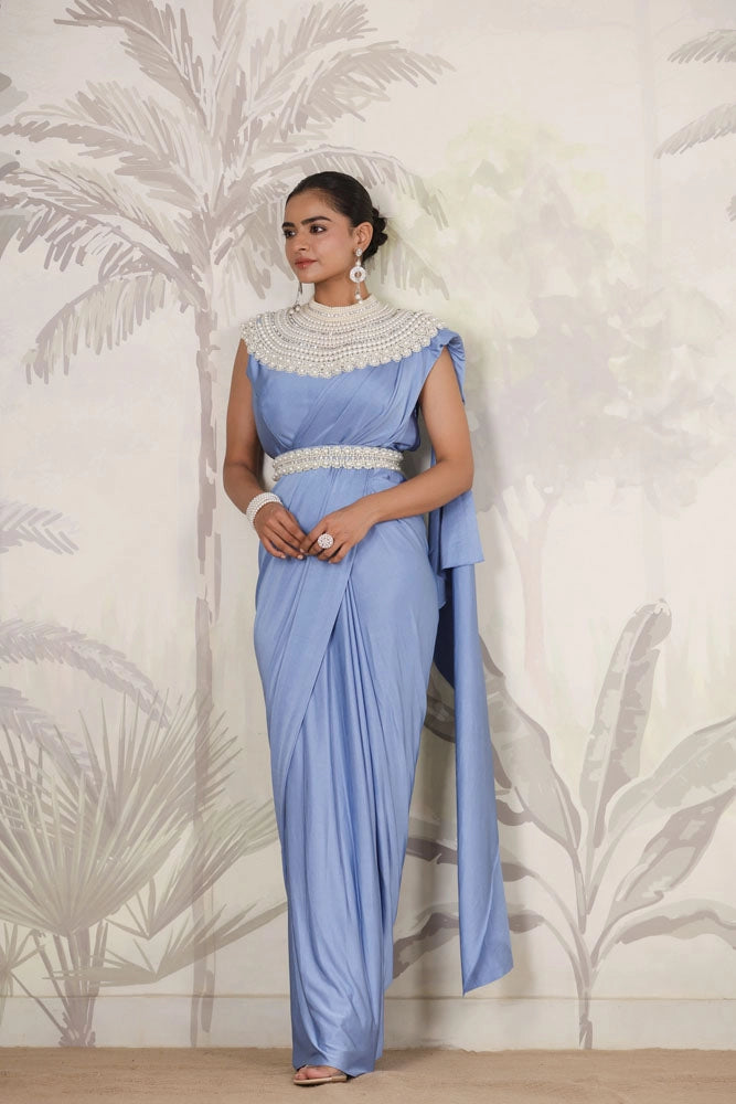 Blue Stitched Saree With Stitched Blouse