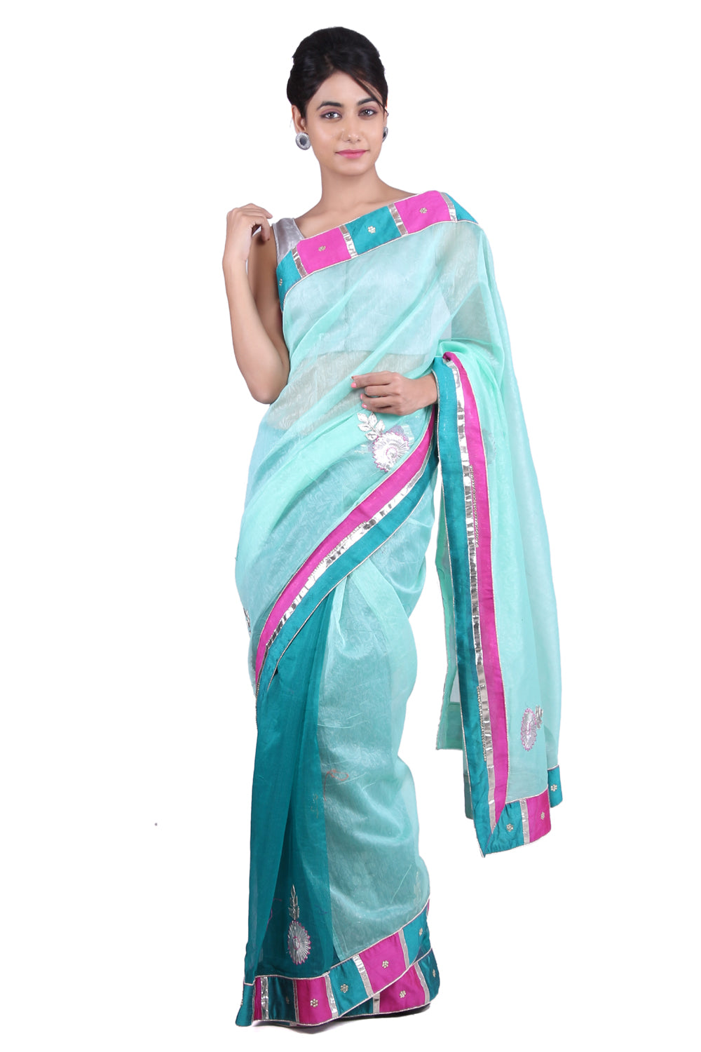 Sea Green Hand Embroidered Kota  Sustainable Saree