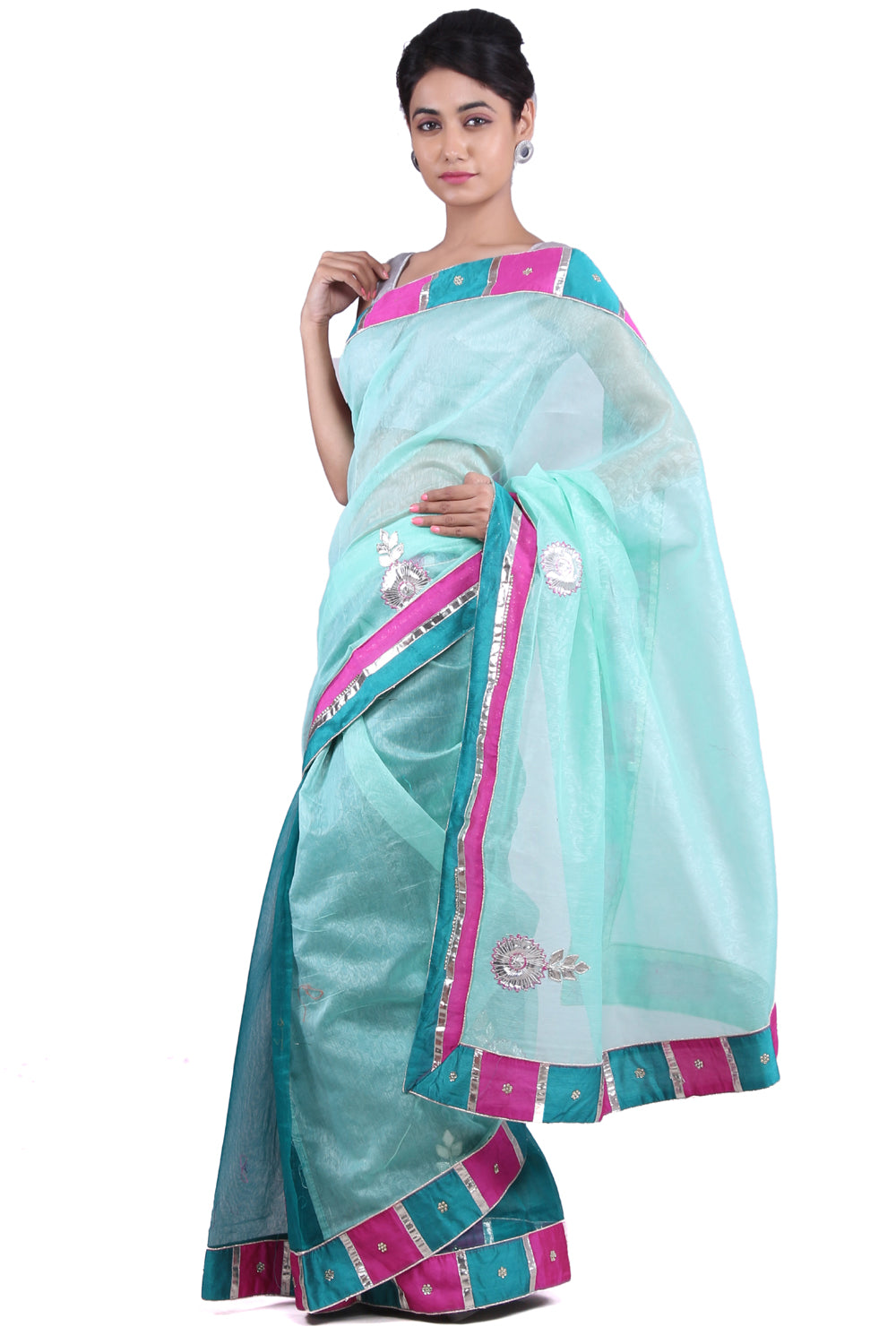 Sea Green Hand Embroidered Kota  Sustainable Saree