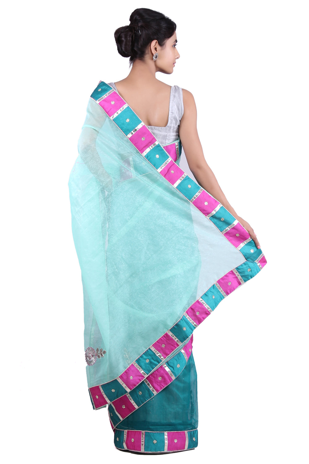 Sea Green Hand Embroidered Kota  Sustainable Saree
