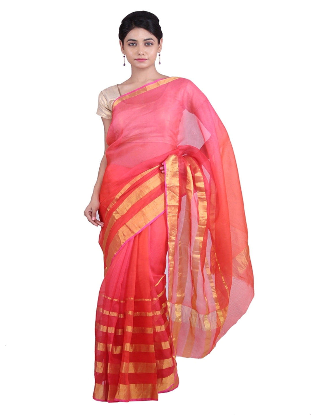 Red Zari Border Kota Doria Silk Saree