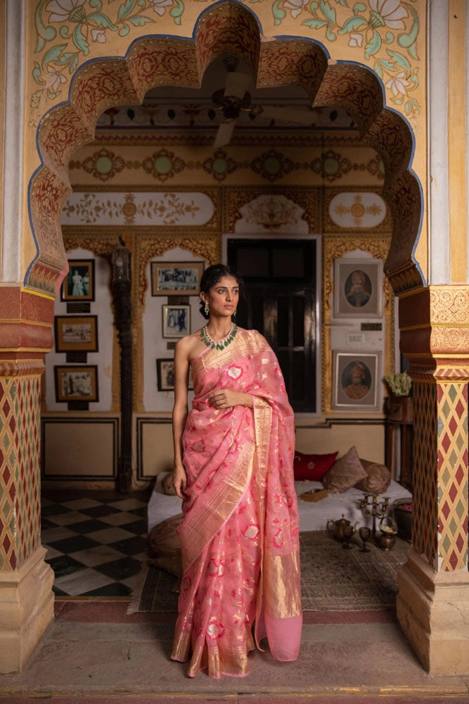 Supriya Shukla in Pink Handwoven zari work pure kota silk Saree