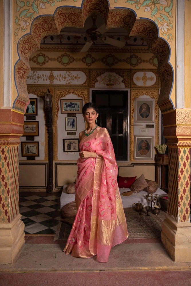 Supriya Shukla in Pink Handwoven zari work pure kota silk Saree
