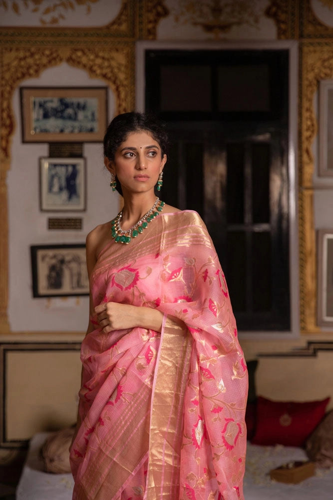 Supriya Shukla in Pink Handwoven zari work pure kota silk Saree
