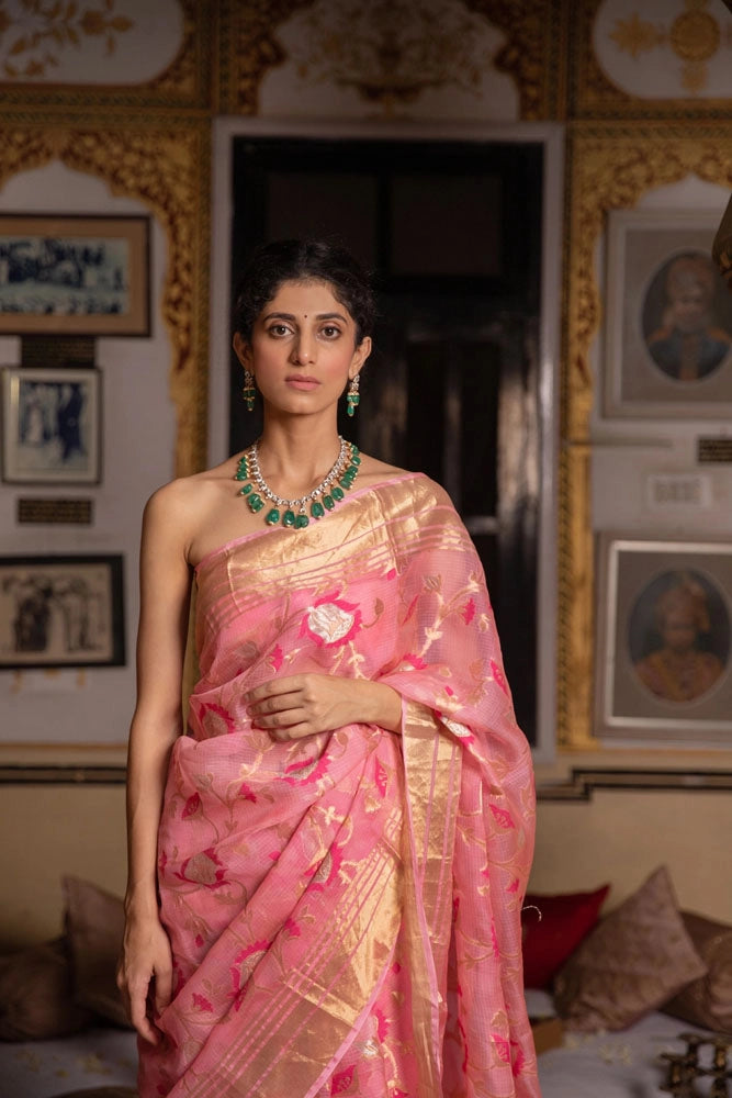 Supriya Shukla in Pink Handwoven zari work pure kota silk Saree